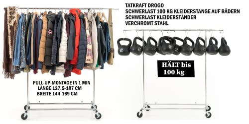 Tatkraft Drogo Heavy Duty Clothes Rack on Wheels, 220lb Load, Adjustable Garment Rack Length 4-6ft, Height 4,7-5,5ft, Easy to Assemble, Chromed Steel