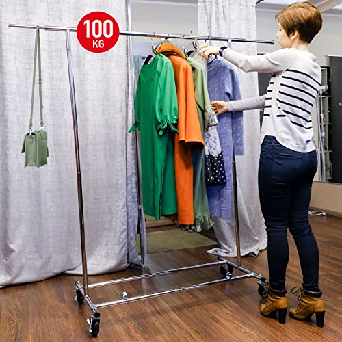 Tatkraft Drogo Heavy Duty Clothes Rack on Wheels, 220lb Load, Adjustable Garment Rack Length 4-6ft, Height 4,7-5,5ft, Easy to Assemble, Chromed Steel