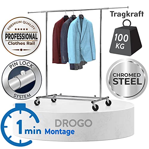 Tatkraft Drogo Heavy Duty Clothes Rack on Wheels, 220lb Load, Adjustable Garment Rack Length 4-6ft, Height 4,7-5,5ft, Easy to Assemble, Chromed Steel