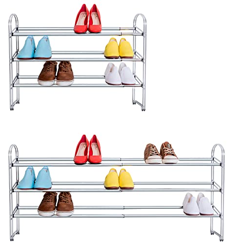 Tatkraft Maestro Heavy Duty 3 Tier Shoe Rack, Expandable Entryway Shoe Organizer, Easy to Assemble, Chrome Plated Steel