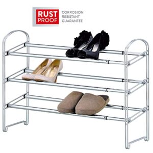 Tatkraft Maestro Heavy Duty 3 Tier Shoe Rack, Expandable Entryway Shoe Organizer, Easy to Assemble, Chrome Plated Steel