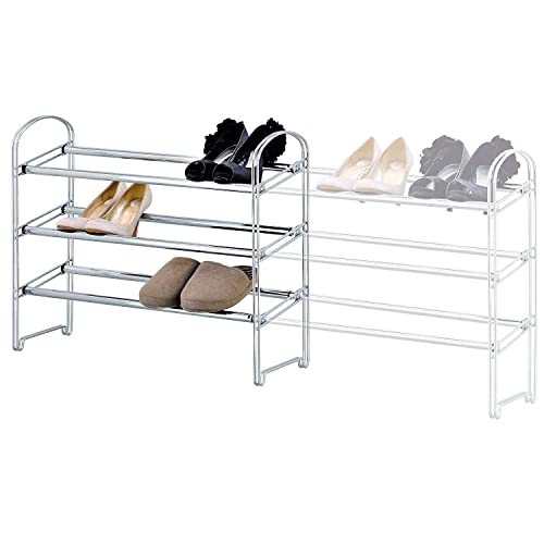 Tatkraft Maestro Heavy Duty 3 Tier Shoe Rack, Expandable Entryway Shoe Organizer, Easy to Assemble, Chrome Plated Steel