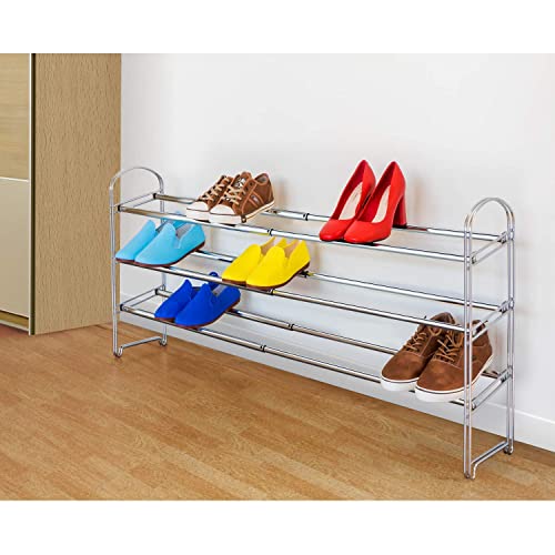 Tatkraft Maestro Heavy Duty 3 Tier Shoe Rack, Expandable Entryway Shoe Organizer, Easy to Assemble, Chrome Plated Steel