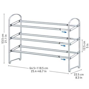 Tatkraft Maestro Heavy Duty 3 Tier Shoe Rack, Expandable Entryway Shoe Organizer, Easy to Assemble, Chrome Plated Steel