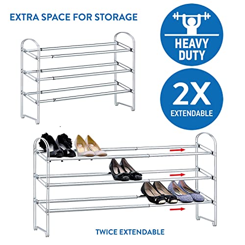 Tatkraft Maestro Heavy Duty 3 Tier Shoe Rack, Expandable Entryway Shoe Organizer, Easy to Assemble, Chrome Plated Steel