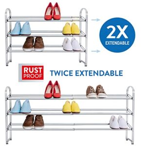 Tatkraft Maestro Heavy Duty 3 Tier Shoe Rack, Expandable Entryway Shoe Organizer, Easy to Assemble, Chrome Plated Steel