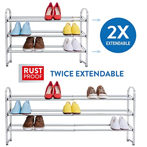 Tatkraft Maestro Heavy Duty 3 Tier Shoe Rack, Expandable Entryway Shoe Organizer, Easy to Assemble, Chrome Plated Steel