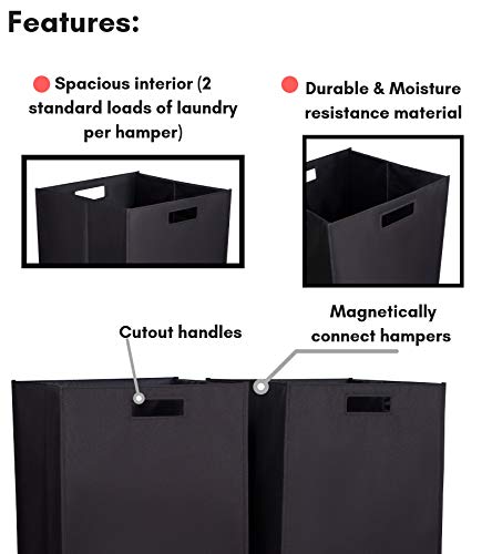 Internet's Best Collapsible Laundry Hamper - Set of 2 - Dirty Clothes Sorter with Handles - Magnetic Side - Easy Storage - Folding - Black