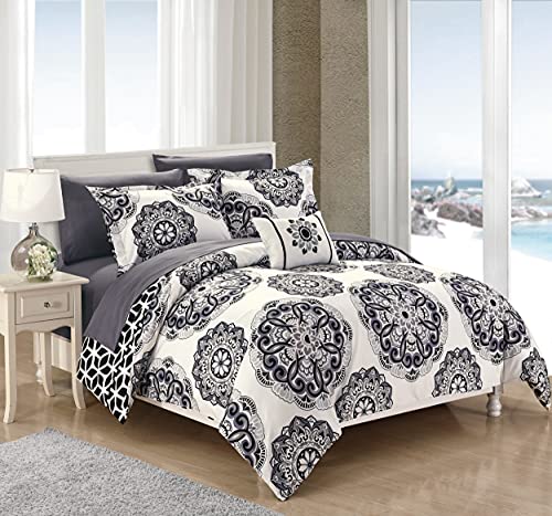 Chic Home 8 Piece Barcelona Super Soft microfiber REVERSIBLE King Comforter Set Black