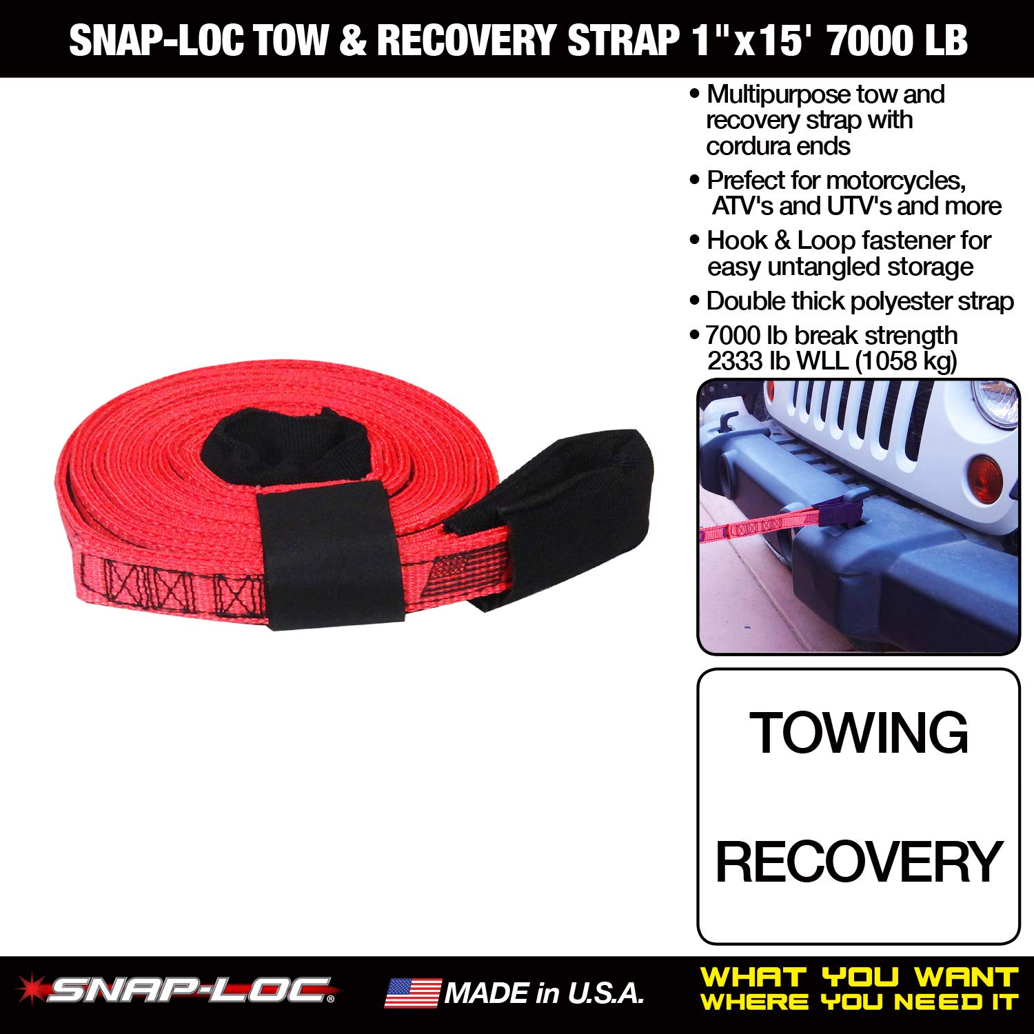 Tow & Recovery Strap 1" x15' 7,000 lb (USA!) with Hook & Loop Storage Fastener