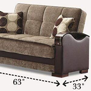 BEYAN Rochester Collection Upholstered Convertible Love Seat with Storage Space, Includes 2 Pillows, Dark Brown