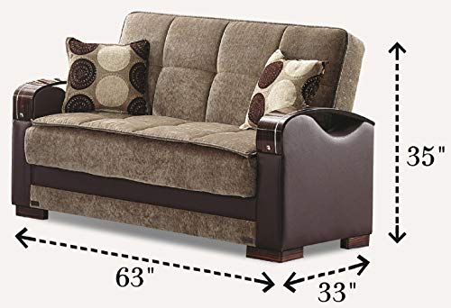 BEYAN Rochester Collection Upholstered Convertible Love Seat with Storage Space, Includes 2 Pillows, Dark Brown