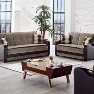 BEYAN Rochester Collection Upholstered Convertible Love Seat with Storage Space, Includes 2 Pillows, Dark Brown