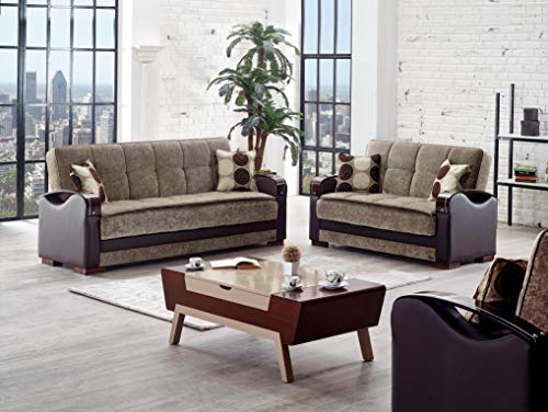 BEYAN Rochester Collection Upholstered Convertible Love Seat with Storage Space, Includes 2 Pillows, Dark Brown