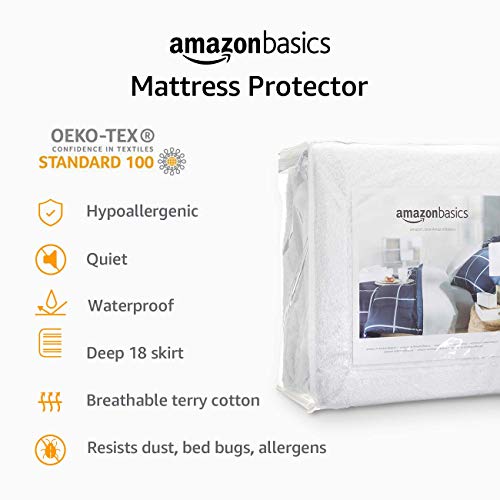 Amazon Basics Hypoallergenic Waterproof Fitted Mattress Protector Cover, King, White, 18 inch