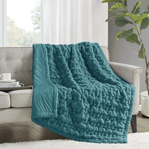 Madison Park Ruched Faux Fur Luxury Throw Teal 50*60 Premium Soft Cozy Brushed Long Faux Fur For Bed, Coach or Sofa