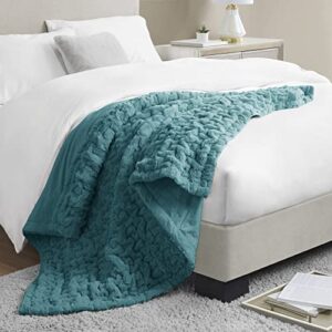 Madison Park Ruched Faux Fur Luxury Throw Teal 50*60 Premium Soft Cozy Brushed Long Faux Fur For Bed, Coach or Sofa