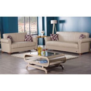 BEYAN Yonkers 2016 Collection Modern Convertible Bonded Leather Loveseat with Easy Access Storage Space, Includes 2 Pillows, Beige
