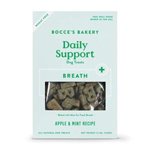 bocce's bakery breath daily support treats for dogs, wheat-free dog treats, made with real ingredients, baked in the usa, supports oral health, all-natural apple & mint biscuits, 12 oz