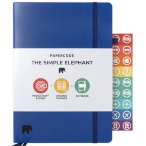 papercode daily planner 2023 - simple elephant undated daily, weekly, and monthly calendar planner for productivity & goal setting, blue