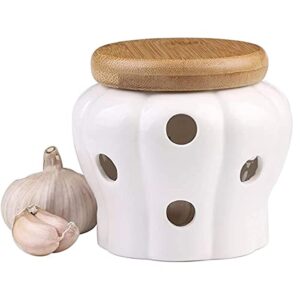 mekbok garlic keeper,garlic keeper for counter,white ventilated garlic container,ceramic garlic storage container with bamboo lid