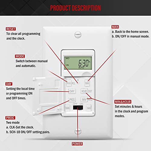 ENERLITES - HET01-C-W Programmable Digital Timer Switch for Lights, Fans, Motors, 7-Day 18 ON/OFF Timer Settings, Single Pole, Neutral Wire Required, UL Listed, HET01-C, White