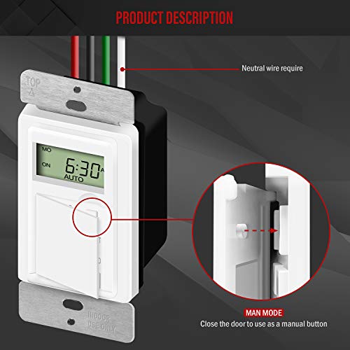 ENERLITES - HET01-C-W Programmable Digital Timer Switch for Lights, Fans, Motors, 7-Day 18 ON/OFF Timer Settings, Single Pole, Neutral Wire Required, UL Listed, HET01-C, White