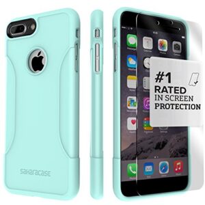 sahara case iphone 7 plus case, protective kit bundled with [zerodamage tempered glass screen protector] rugged slim fit shockproof bumper [hard pc back] protection for 7 plus only - aqua teal