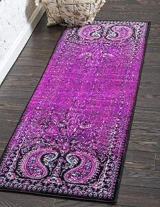unique loom imperial collection paisley, distressed, border, vintage, modern, abstract area rug, 3 ft x 9 ft 10 in, lilac/black