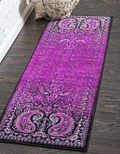 Unique Loom Imperial Collection Paisley, Distressed, Border, Vintage, Modern, Abstract Area Rug, 3 ft x 9 ft 10 in, Lilac/Black