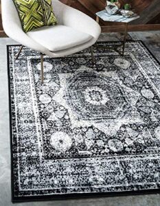 unique loom imperial collection geometric, traditional, bright colors, border, vintage, distressed area rug, 8 ft x 11 ft 6 in, black/ivory