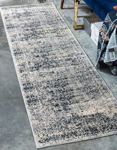 unique loom chateau collection distressed, textured, vintage, border, rustic, traditional area rug, 2 ft 2 in x 6 ft 7 in, navy blue/beige