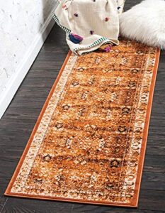 unique loom imperial collection distressed, modern, traditional, bright colors, vintage, border area rug, 2 ft x 6 ft, terracotta/ivory