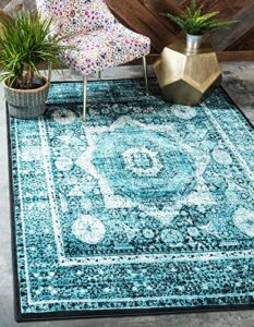 unique loom imperial collection geometric, traditional, bright colors, border, vintage, distressed area rug, 10 x 13 ft, turquoise/ivory