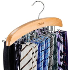 ohuhu tie rack hanger for closet, wooden tie holder organizer necktie storage with 24 folding hooks, 360 degree rotating tie rack for men ties belts scarves tank tops accessories, 1 pack