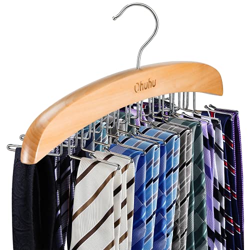 Ohuhu Tie Rack Hanger for Closet, Wooden Tie Holder Organizer Necktie Storage with 24 Folding Hooks, 360 Degree Rotating Tie Rack for Men Ties Belts Scarves Tank Tops Accessories, 1 Pack