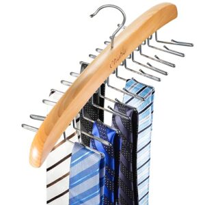 Ohuhu Tie Rack Hanger for Closet, Wooden Tie Holder Organizer Necktie Storage with 24 Folding Hooks, 360 Degree Rotating Tie Rack for Men Ties Belts Scarves Tank Tops Accessories, 1 Pack