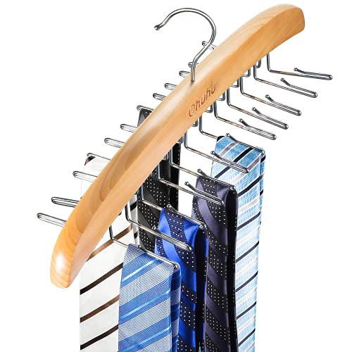 Ohuhu Tie Rack Hanger for Closet, Wooden Tie Holder Organizer Necktie Storage with 24 Folding Hooks, 360 Degree Rotating Tie Rack for Men Ties Belts Scarves Tank Tops Accessories, 1 Pack