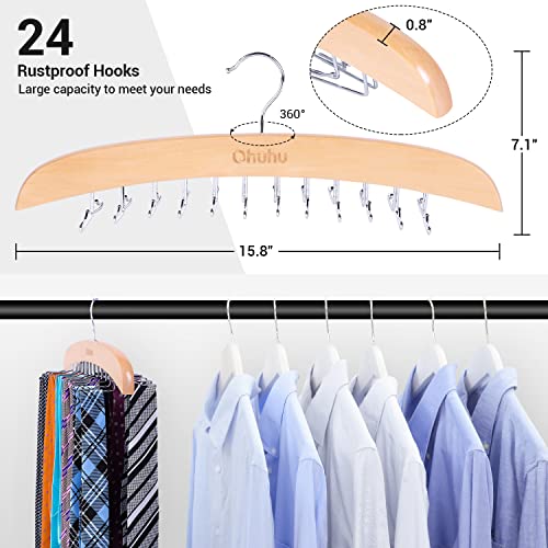 Ohuhu Tie Rack Hanger for Closet, Wooden Tie Holder Organizer Necktie Storage with 24 Folding Hooks, 360 Degree Rotating Tie Rack for Men Ties Belts Scarves Tank Tops Accessories, 1 Pack