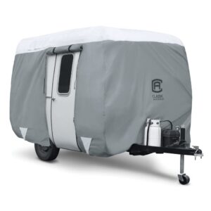 classic accessories over drive polypro 3 molded fiberglass travel trailer cover, fits 11' - 13' trailers, camper rv cover, customizable fit, all season protection for motorhome, grey/white