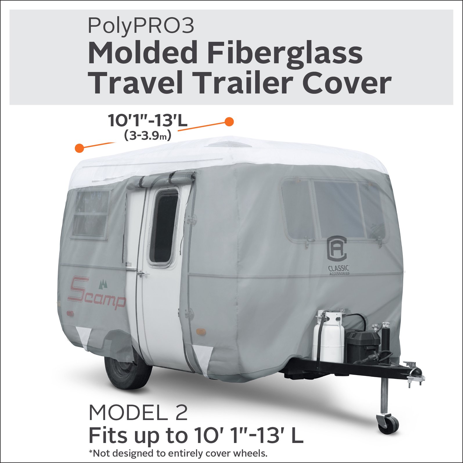 Classic Accessories Over Drive PolyPRO 3 Molded Fiberglass Travel Trailer Cover, Fits 11' - 13' Trailers, Camper RV Cover, Customizable Fit, All Season Protection for Motorhome, Grey/White