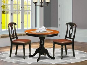 east west furniture anke3-blk-lc 3 piece room set contains a round kitchen table with pedestal and 2 faux leather upholstered dining chairs, 36x36 inch, black & cherry