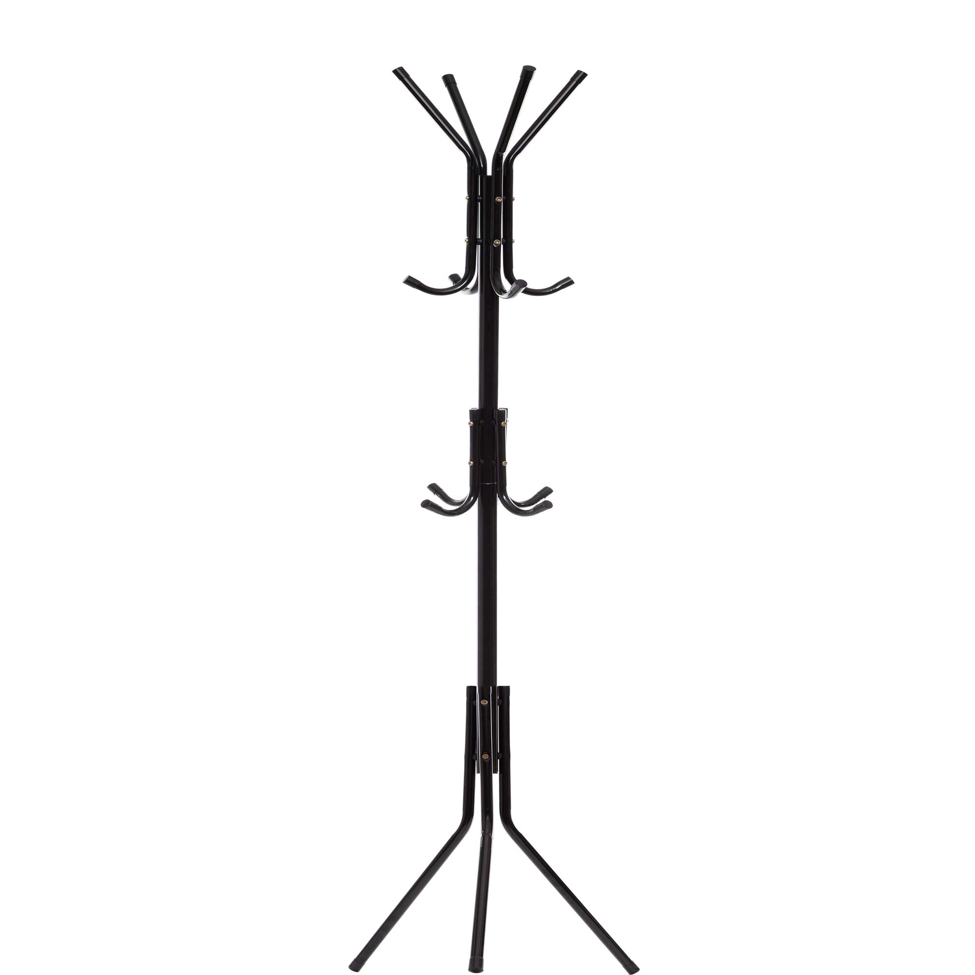 Free-Standing Coat Rack Metal Stand - Hall Tree Entry-Way Furniture Best for Hanging Up Jacket, Purse, Hand-Bag, Cloth, Hat, Winter Scarf Holder - Home or Office Floor Hanger 12-Hooks Organizer, Black