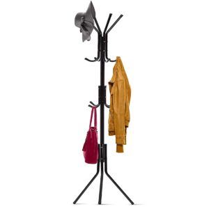 Free-Standing Coat Rack Metal Stand - Hall Tree Entry-Way Furniture Best for Hanging Up Jacket, Purse, Hand-Bag, Cloth, Hat, Winter Scarf Holder - Home or Office Floor Hanger 12-Hooks Organizer, Black