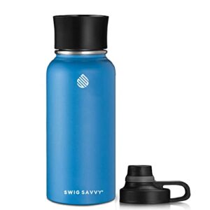 swig savvy bpa-free leak-proof stainless steel wide mouth insulated water bottle with interchangeable caps, 30 oz, blue