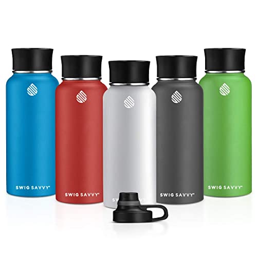 Swig Savvy BPA-Free Leak-Proof Stainless Steel Wide Mouth Insulated Water Bottle with Interchangeable Caps, 30 oz, Blue