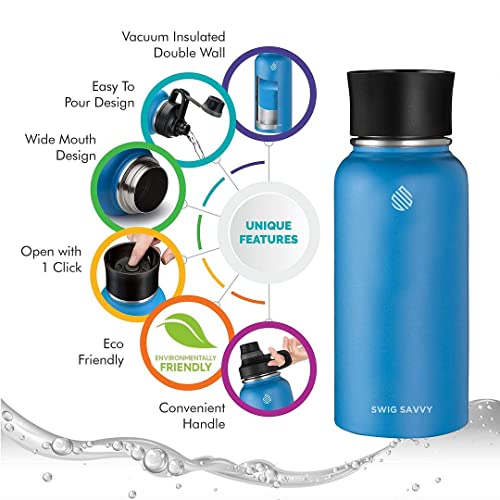 Swig Savvy BPA-Free Leak-Proof Stainless Steel Wide Mouth Insulated Water Bottle with Interchangeable Caps, 30 oz, Blue