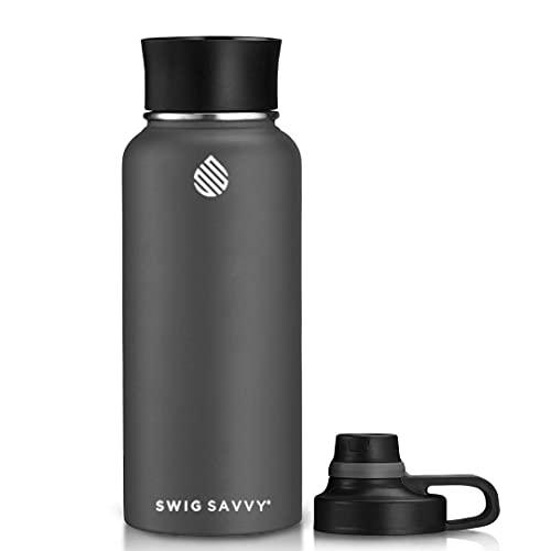 Swig Savvy Sports Water Bottle, Vacuum Insulated Stainless steel, Double Wall, Wide Mouth 2 Leakproof Lid, Travel Thermos - 30oz (Black)