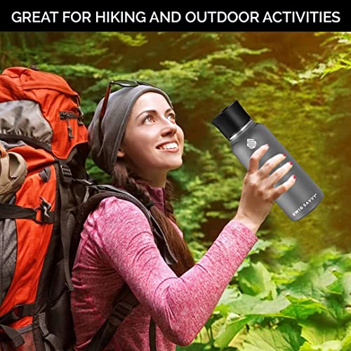 Swig Savvy Sports Water Bottle, Vacuum Insulated Stainless steel, Double Wall, Wide Mouth 2 Leakproof Lid, Travel Thermos - 30oz (Black)