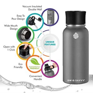 Swig Savvy Sports Water Bottle, Vacuum Insulated Stainless steel, Double Wall, Wide Mouth 2 Leakproof Lid, Travel Thermos - 30oz (Black)